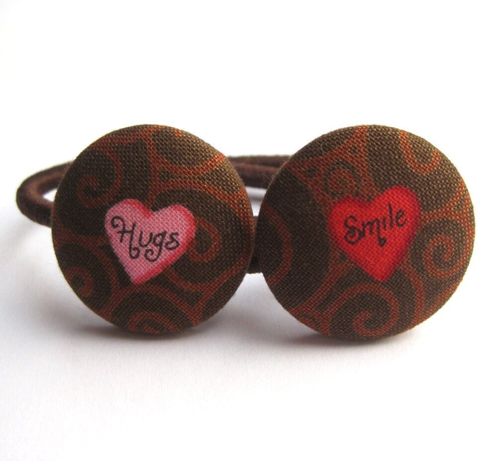 Heart Ponytail Holders - Brown and Pink Conversation Heart Fabric Covered Buttons
