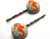 Orange Seahorse Bobby Pins- Handmade with Fabric Covered Buttons- Mendocino