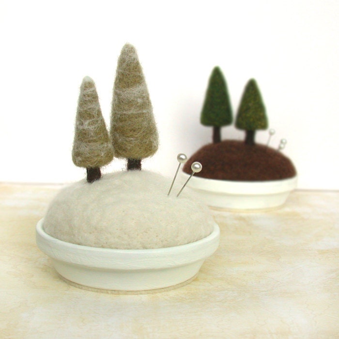 Snowy Pines - Frosty Fir Tree Pincushion Home Decor Scene Made to Order - FoxtailCreekStudio