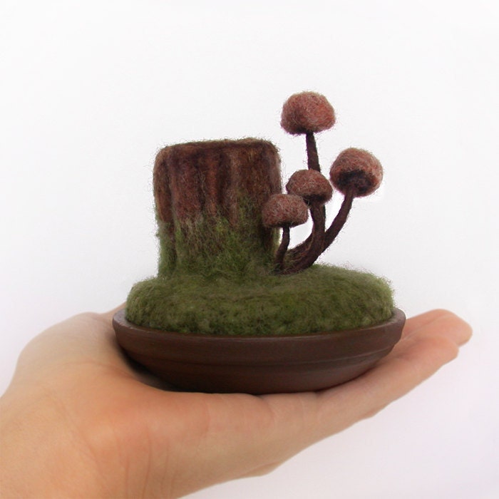 Tree Stump Mushrooms Wool Sculpture Pin Cushion Made to Order