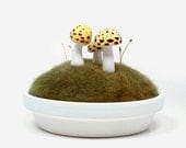 Yellow Sculpted Mushrooms in Moss - Nature Decor Pincushion Display Made To Order