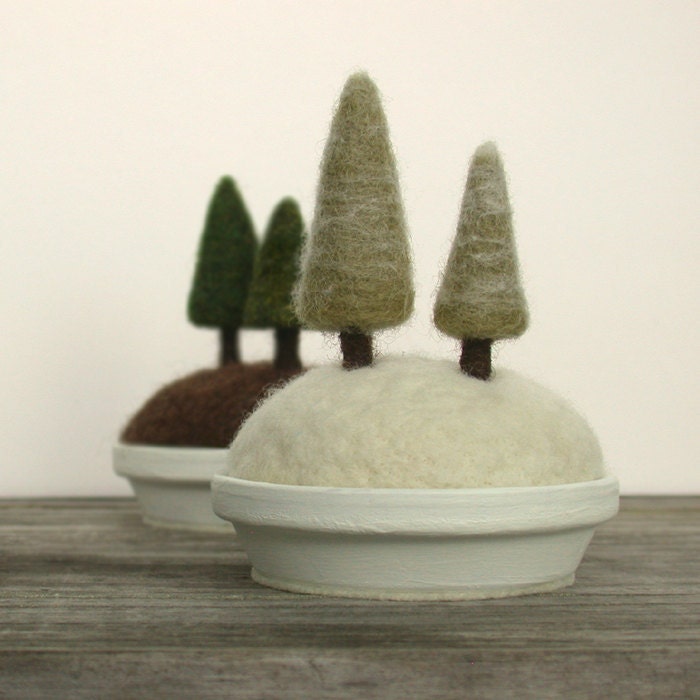 Snowy Pines - Frosty Fir Tree Pincushion Home Decor Scene Made to Order