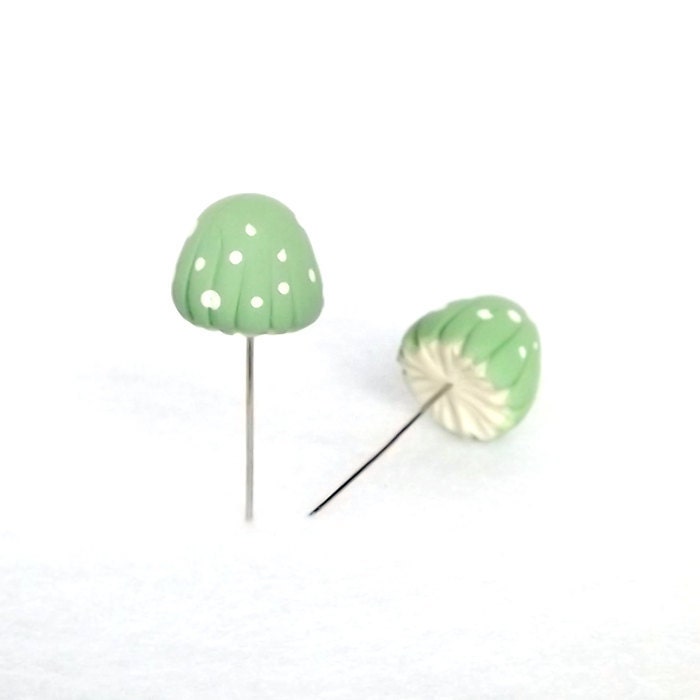 Mint Green Mushrooms Set of (2) Sewing Pins, Terrarium Decor Miniatures Made To Order