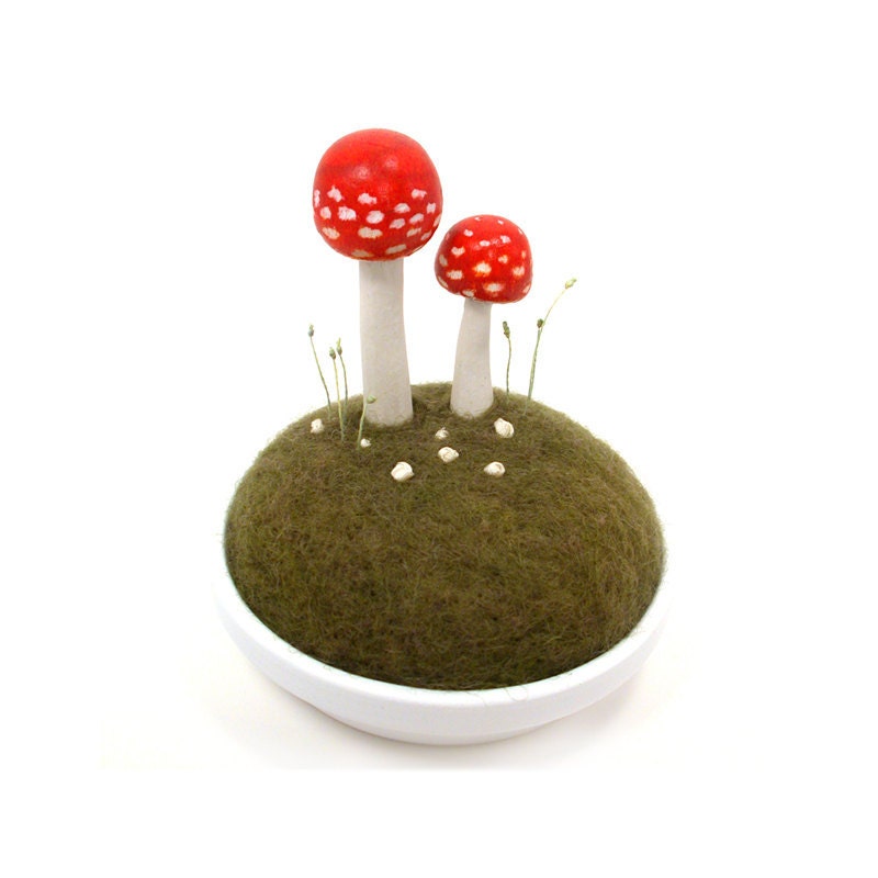 Pincushion Sculpted Red Amanita Mushrooms in Wool Moss Made To Order - Home Decor Nature Display