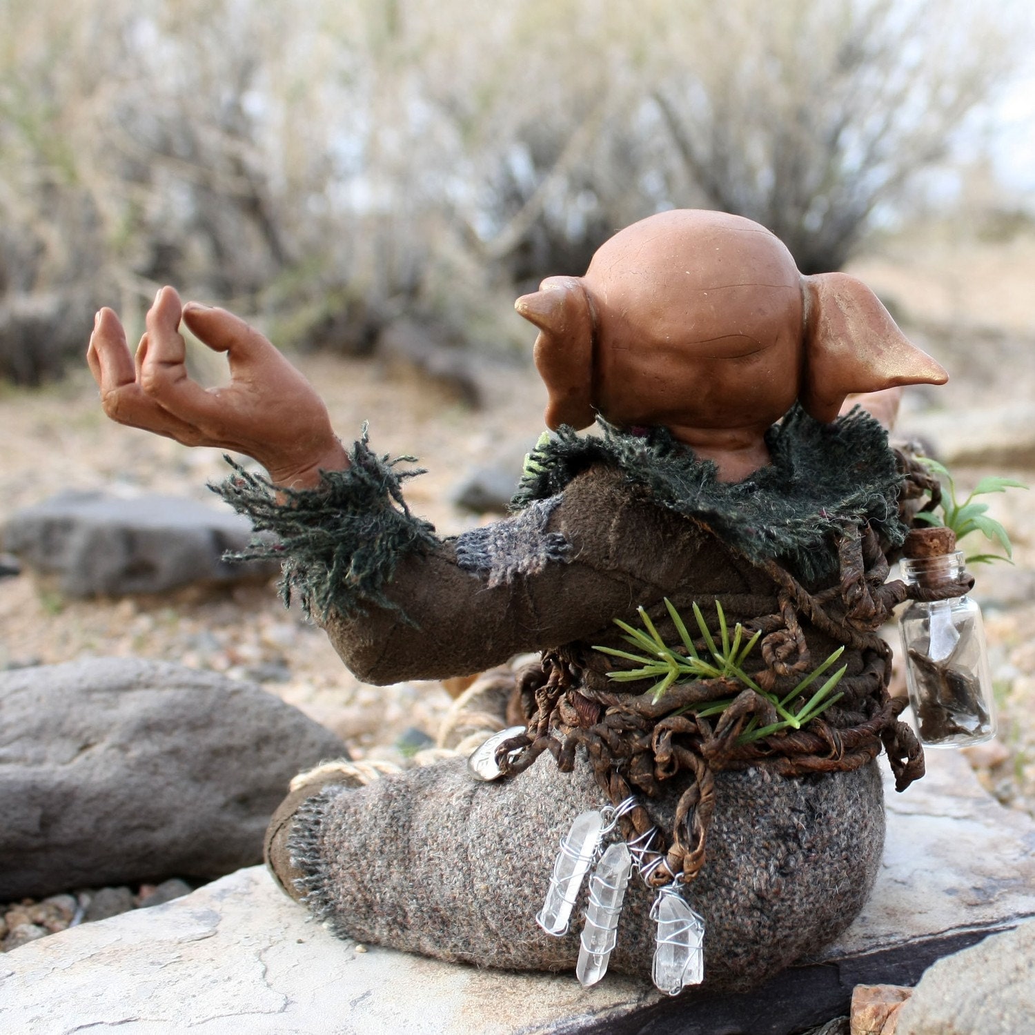 Elf Art Doll, Kalju, the desert dwelling elf who makes heart shaped rocks.