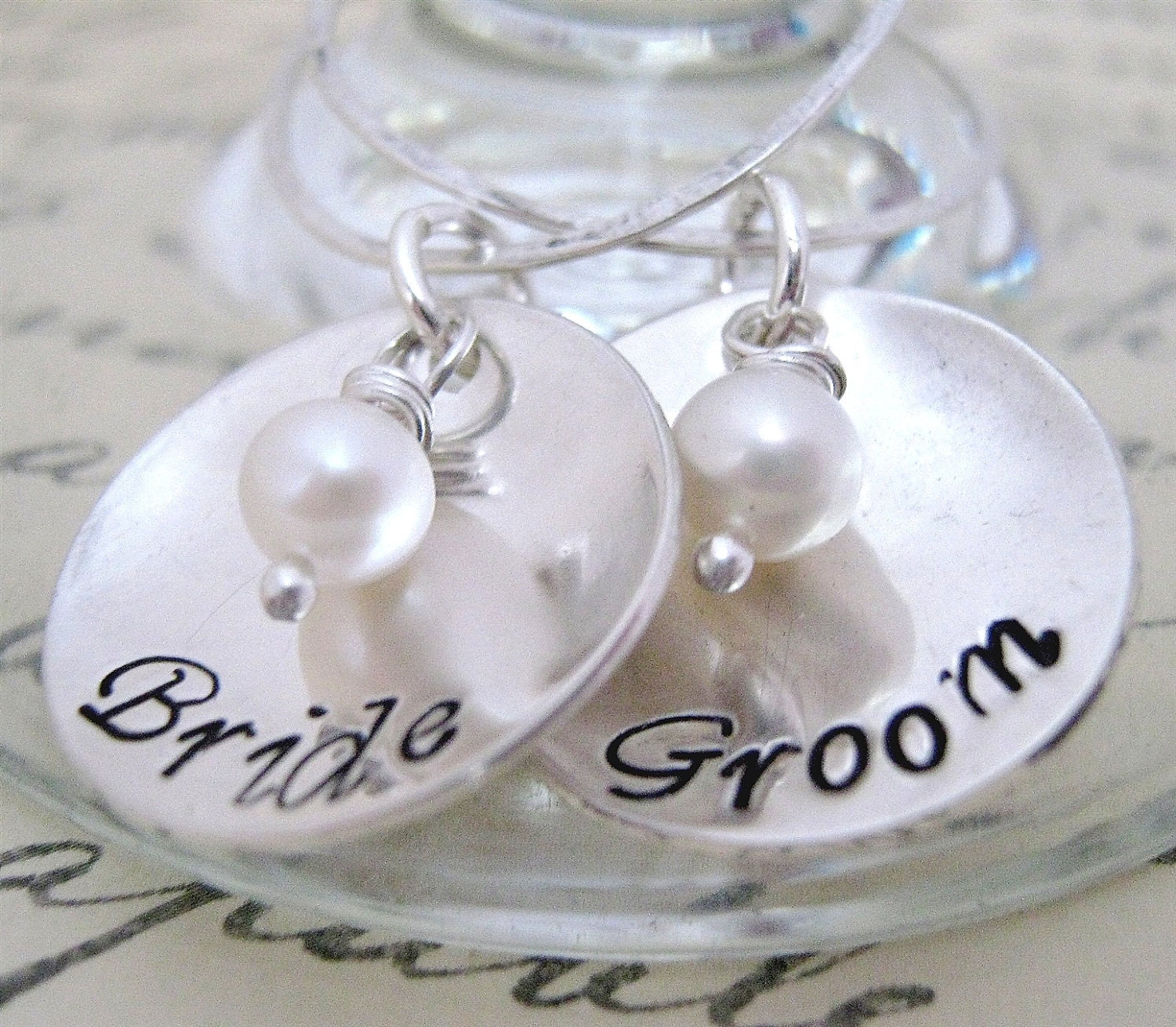 Bride and Groom Drink Tags - Wine Glass Charms -  hand stamped wine charms -  wedding wine charms - Personalized Wedding Charms
