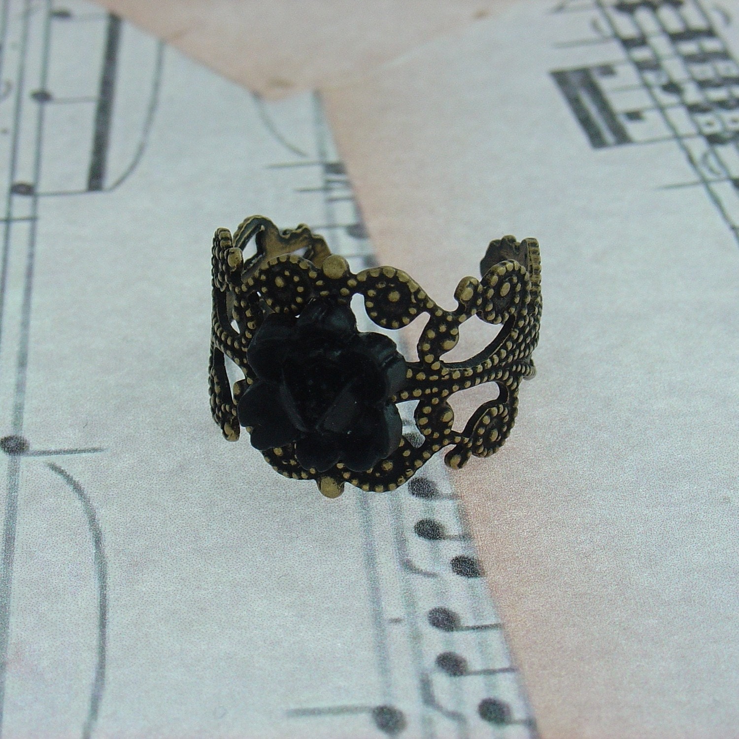 Black Rose Ring with Antique Brass Gold Filigree Band Vintage Style Jewellery