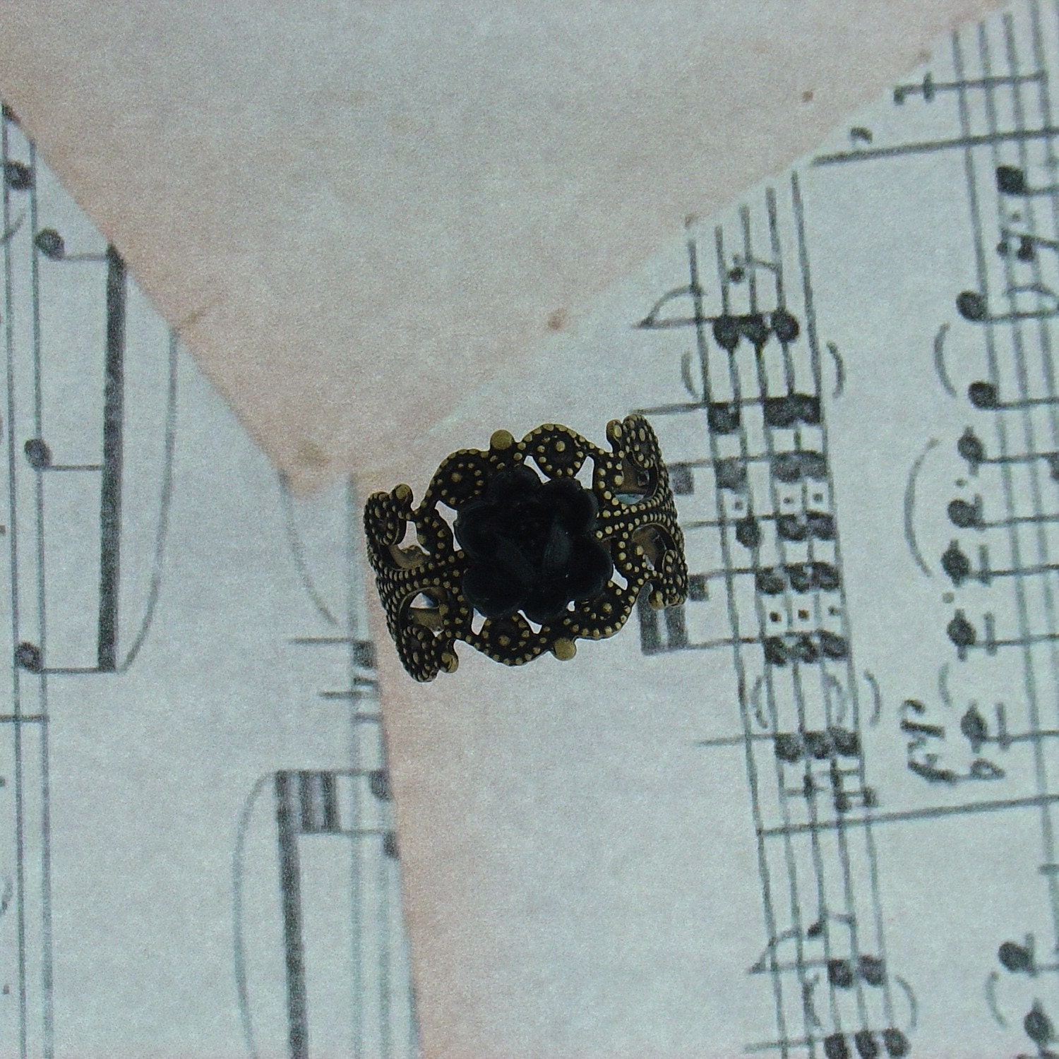 Black Rose Ring with Antique Brass Gold Filigree Band Vintage Style Jewellery