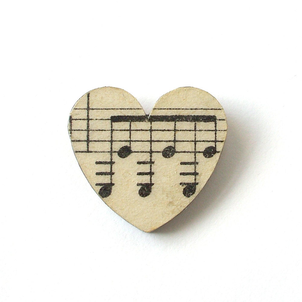Vintage music paper heart brooch - small