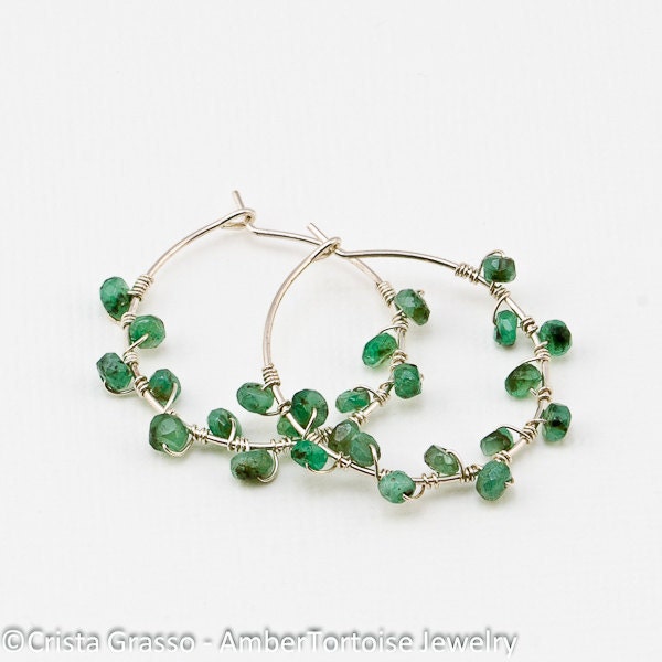 SALE Emerald Wire Wrapped Hoop Earrings- May Birthstone