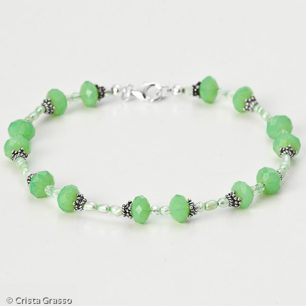 SALE Anklet- Sterling Silver Green Freshwater Pearl and Crystal