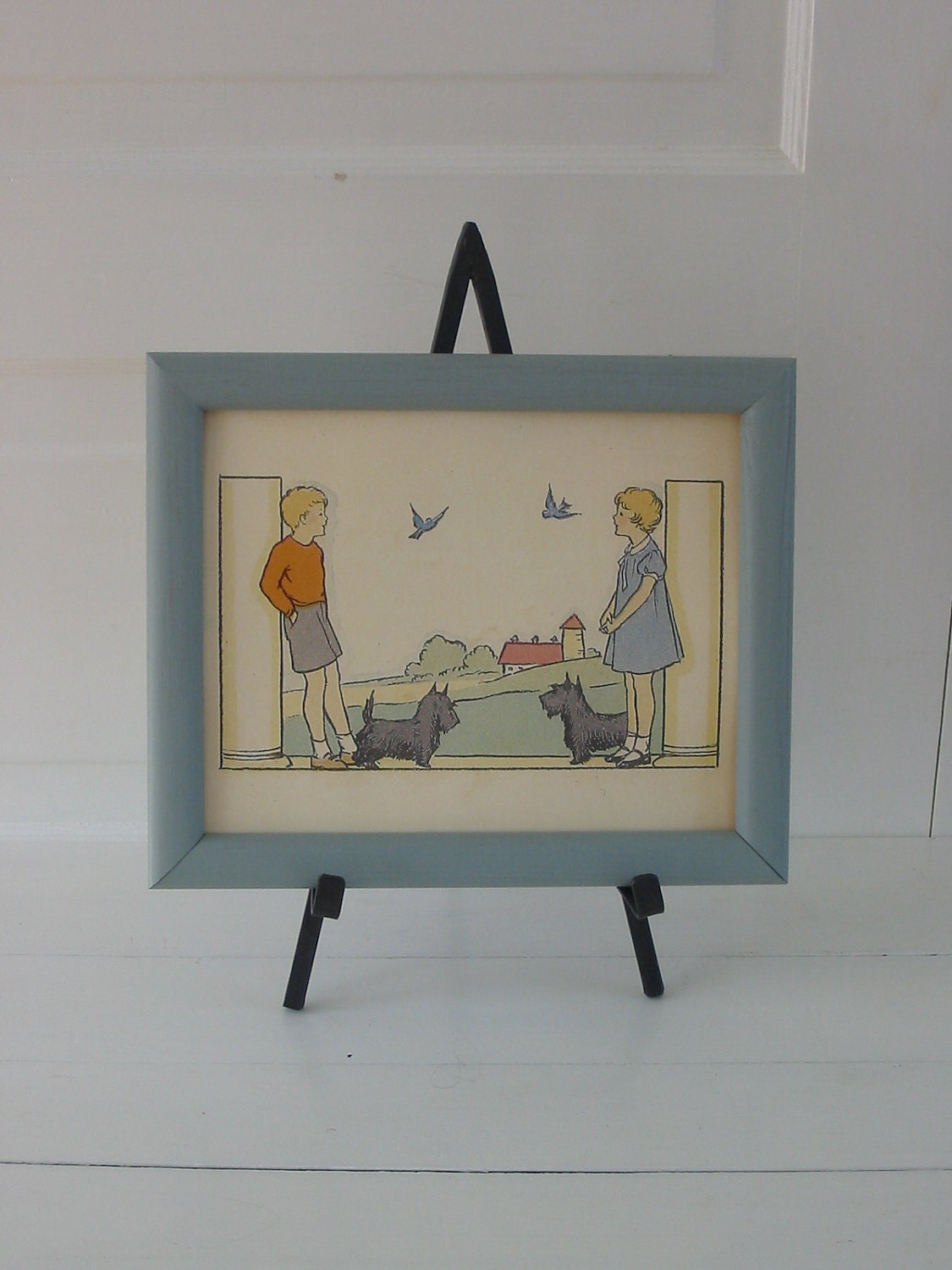 Children Print Art Boy Girl Bird Dog Scottie Terrier Vintage