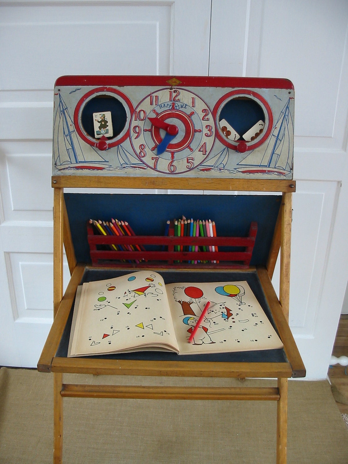 Vintage Chalkboard Easel Clock Children Wood Toy Stand Display Craft
