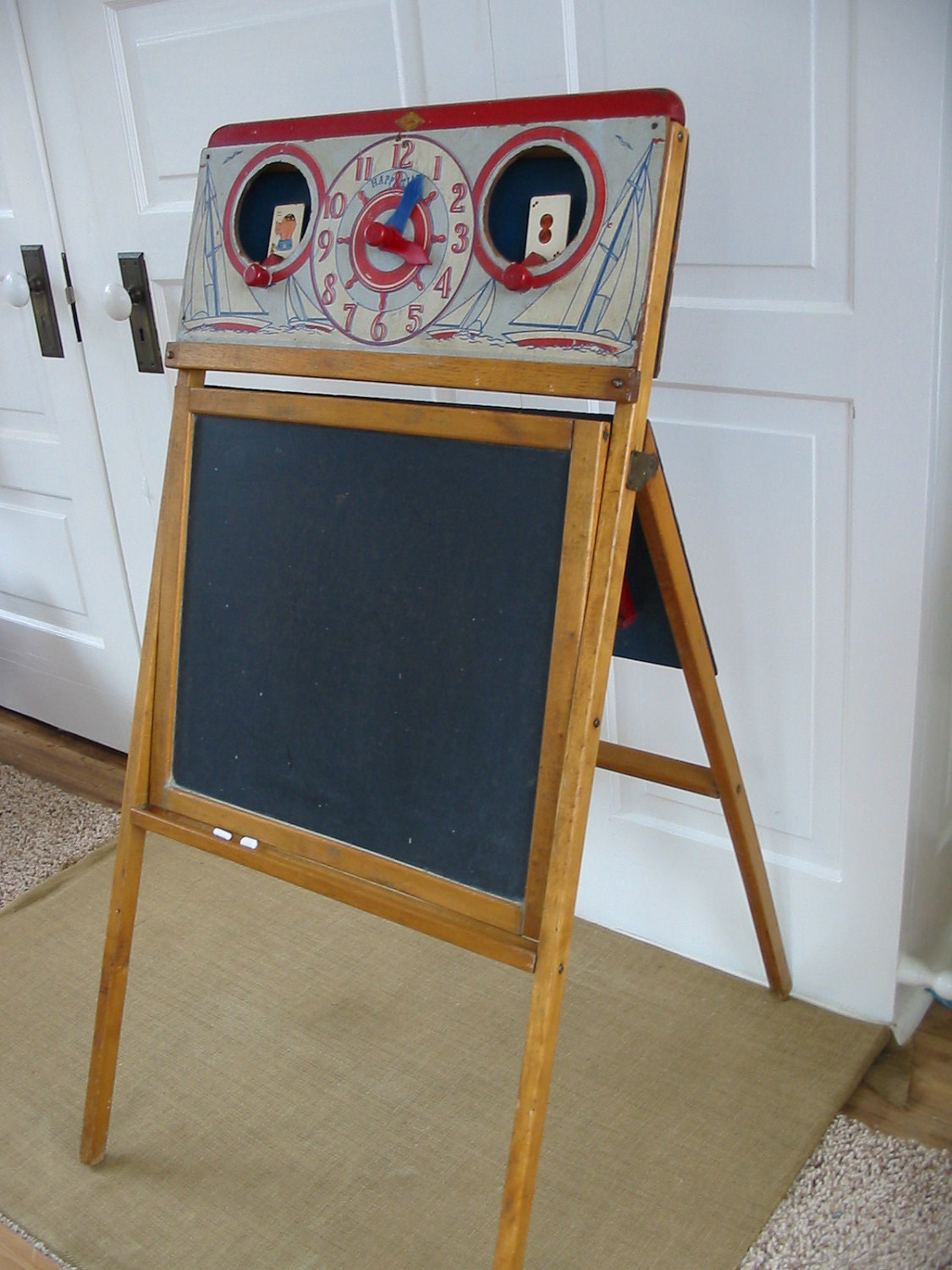 Vintage Chalkboard Easel Clock Children Wood Toy Stand Display Craft