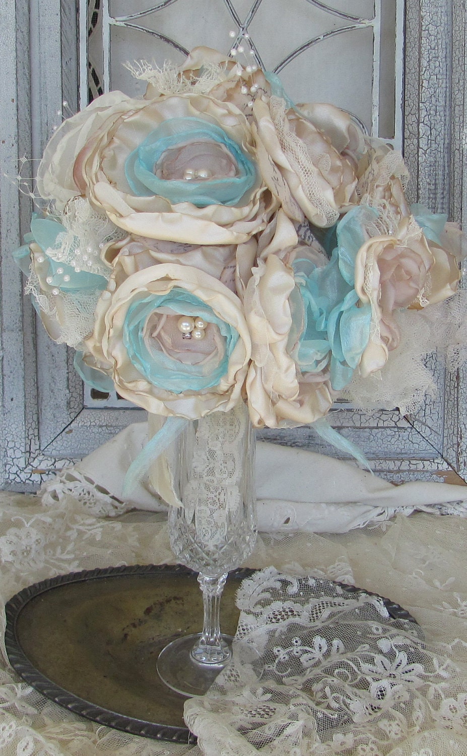 Wedding Bouquet Pearls and  Rhinestones Vintage Inspired Custom Made any Colors