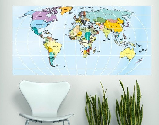 Wall Decor - Printed Rectangular World Map decal for housewares