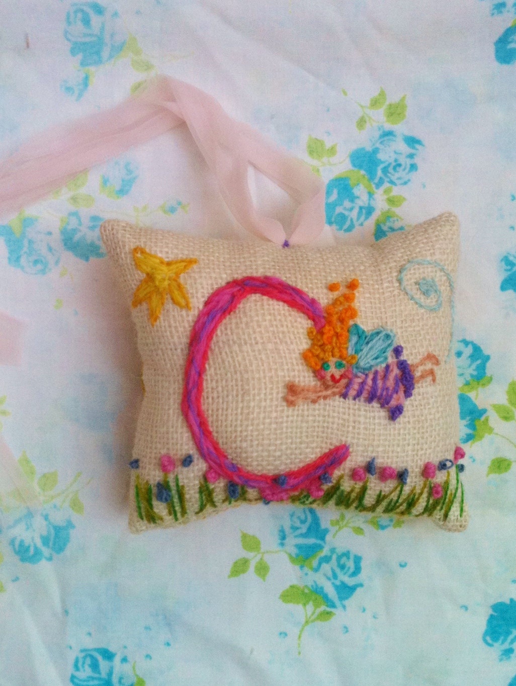 TOOTH FAIRY With Pocket Custom Hand Embroidered Monogram Mini Pillow