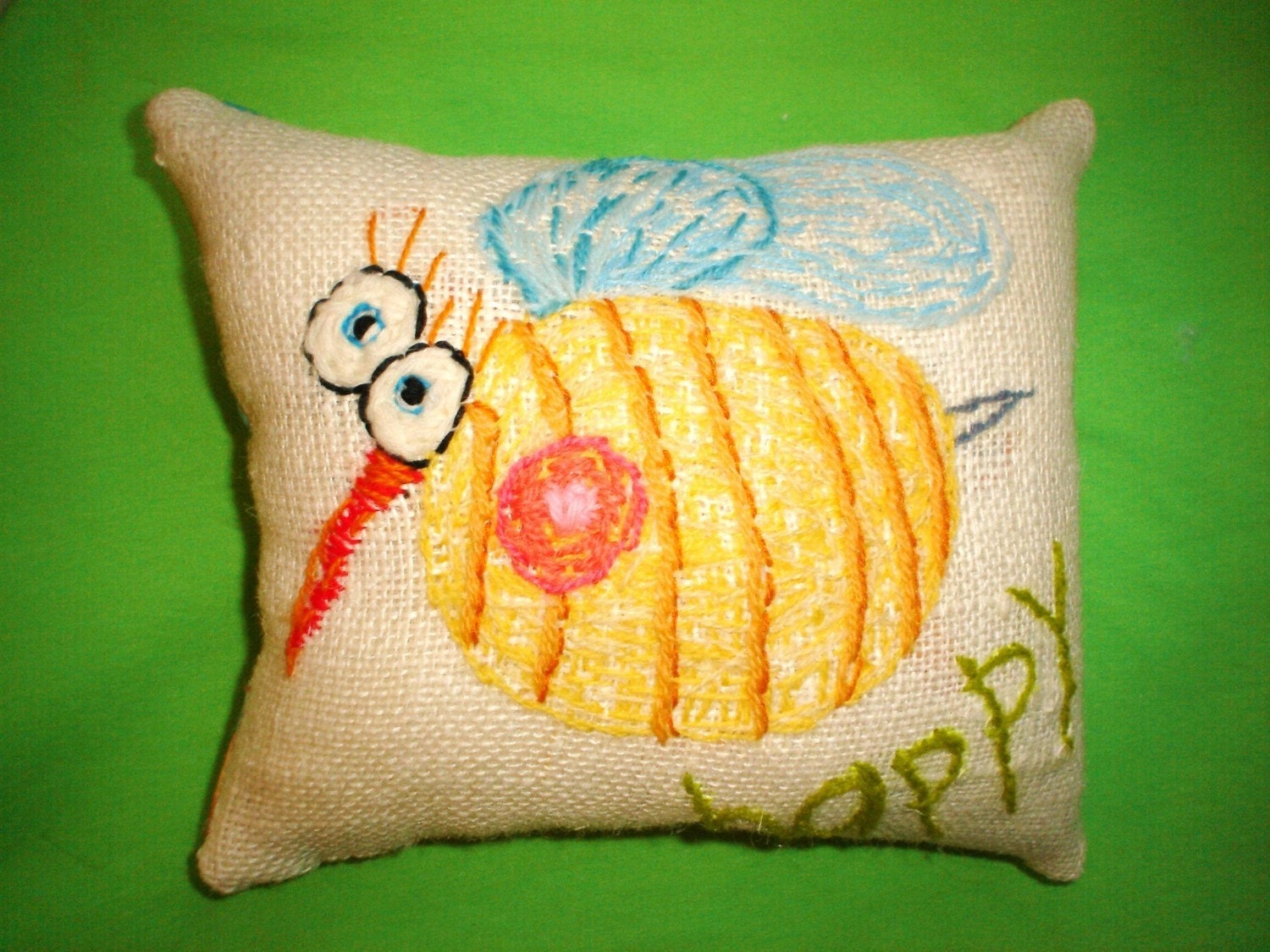 Bee Happy Original Wool Embroidery Pillow Custom Made Only