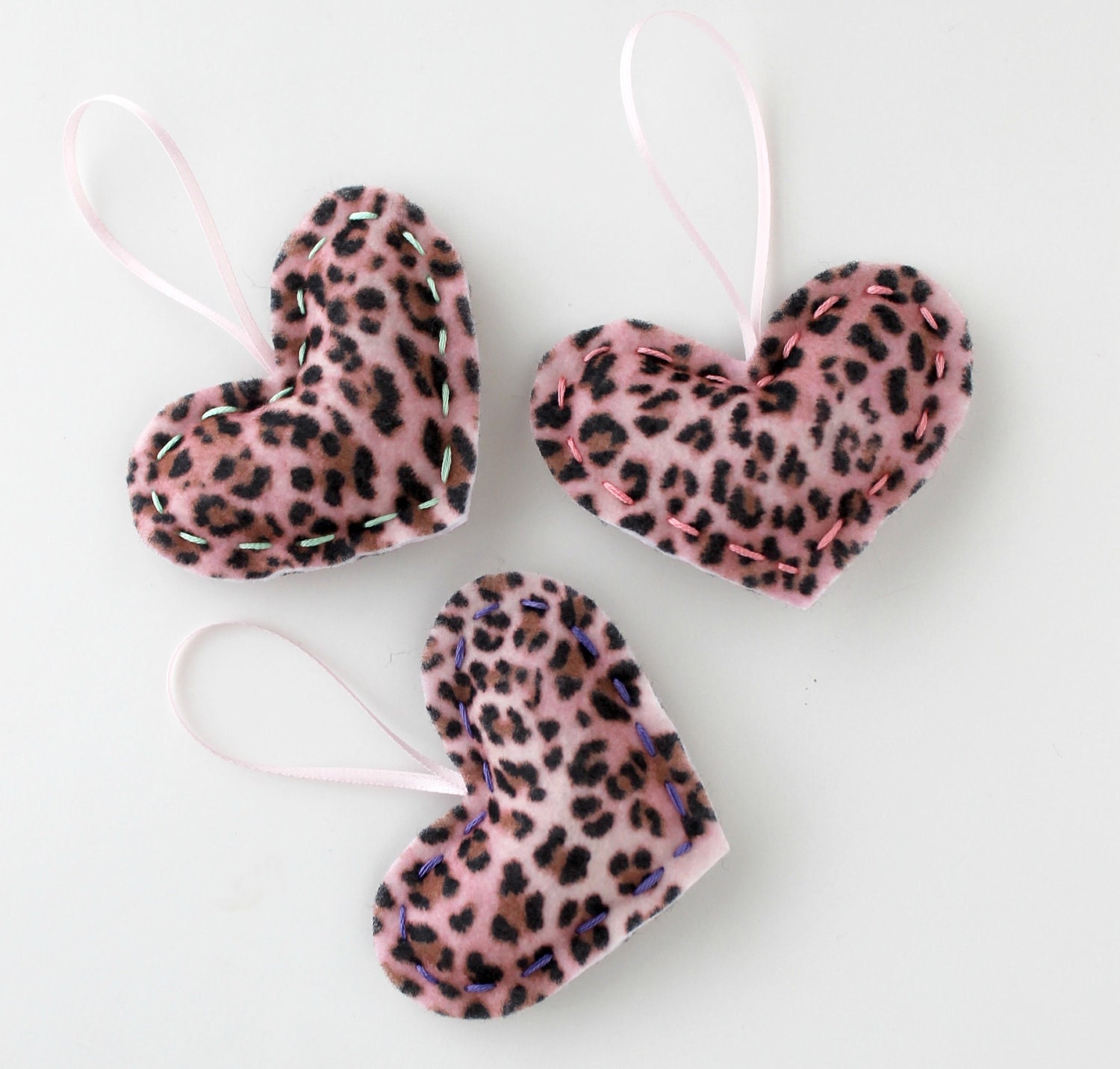 Pink Leopard Heart Ornaments Set of 3 Eco Friendly Felt MADE TO ORDER