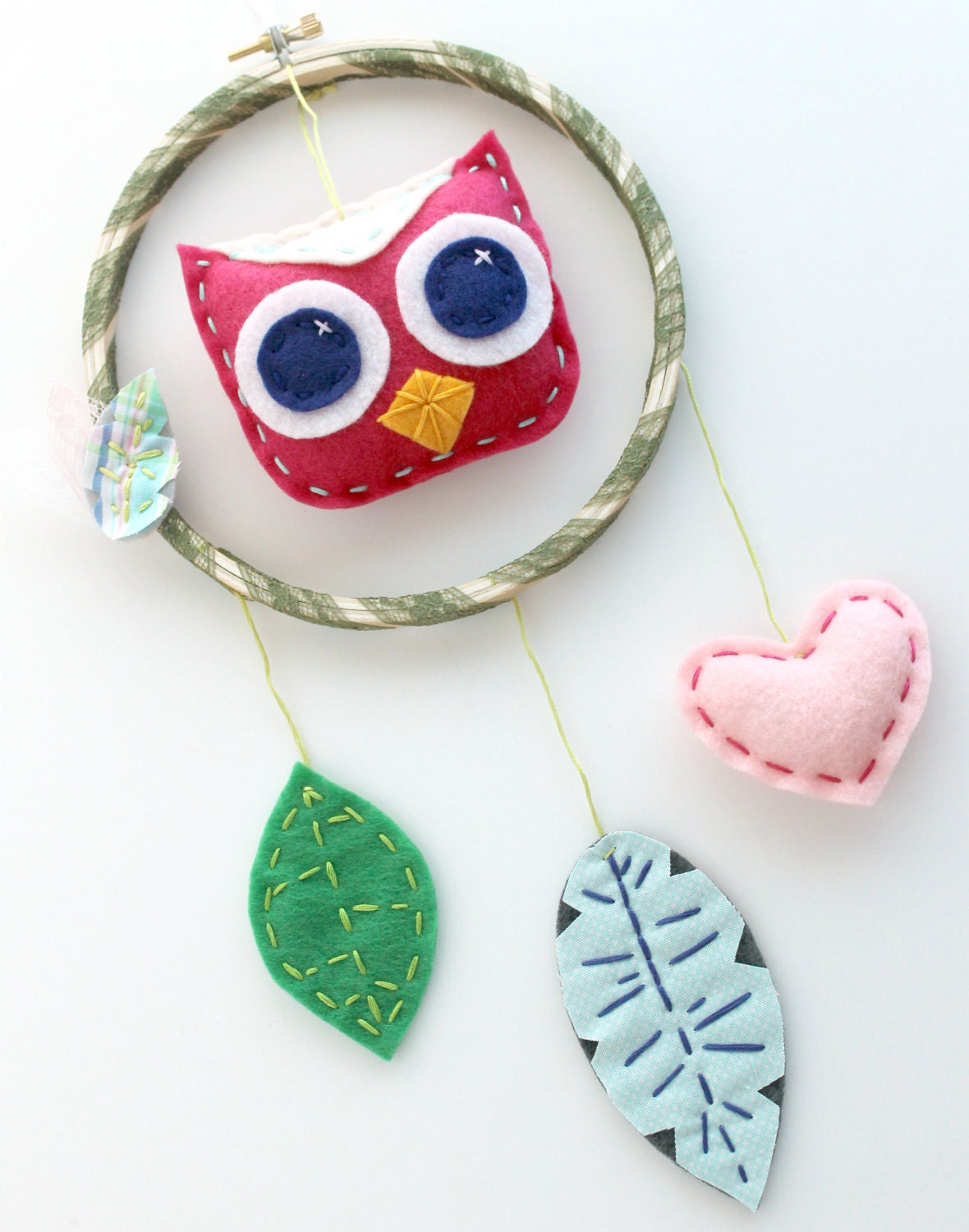 Dreamcatcher Owl Wall Hanging Plush Felt Feathers Hand Embroidery Nursery Pink Aqua Olive MADE TO ORDER