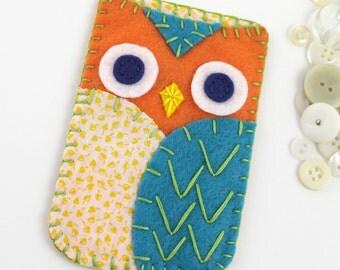 Felt Owl iPhone Samsung Blackberry Case Cozy Orange Teal Yellow MADE TO ORDER