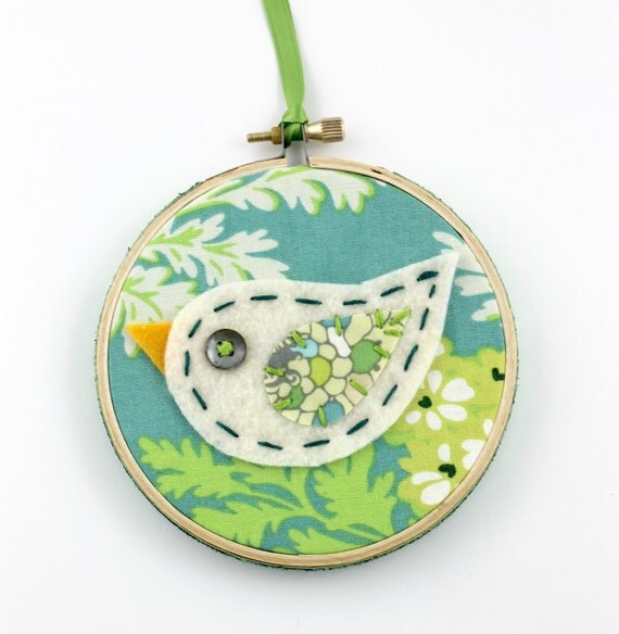 Sale Felt Bird Embroidery Hoop Wall Art Modern 4 inch Hanging Cute Green Blue READY TO SHIP