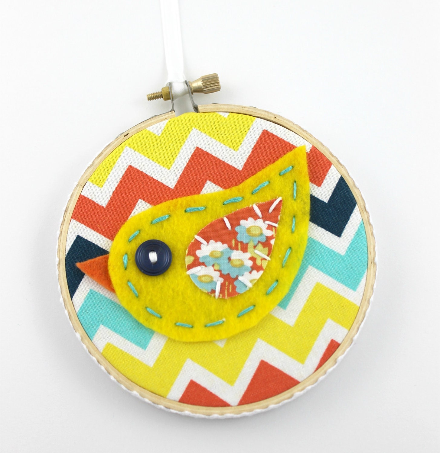 Felt Bird Embroidery Hoop Wall Art Modern 4 inch Hanging Cute Yellow Chevron READY TO SHIP