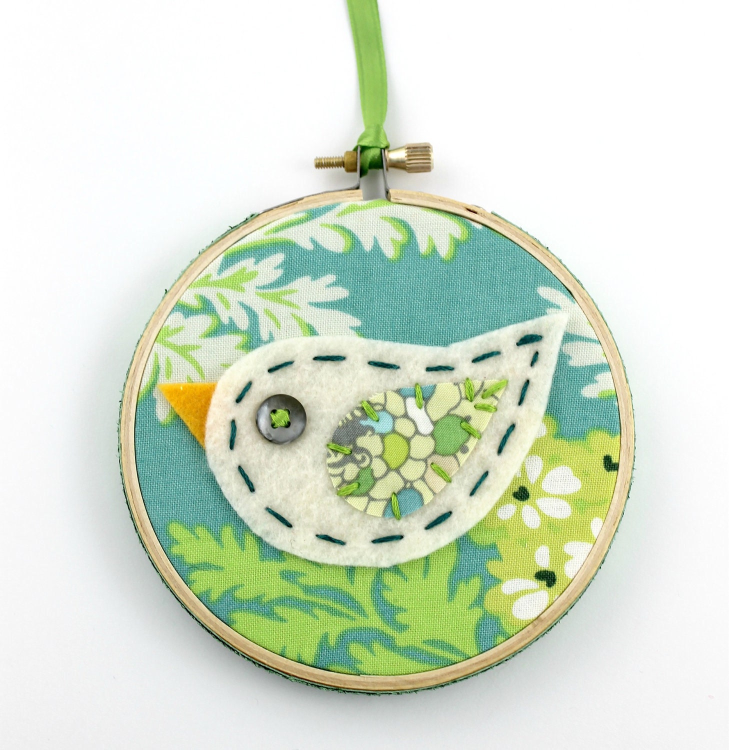 Sale Felt Bird Embroidery Hoop Wall Art Modern 4 inch Hanging Cute Green Blue READY TO SHIP