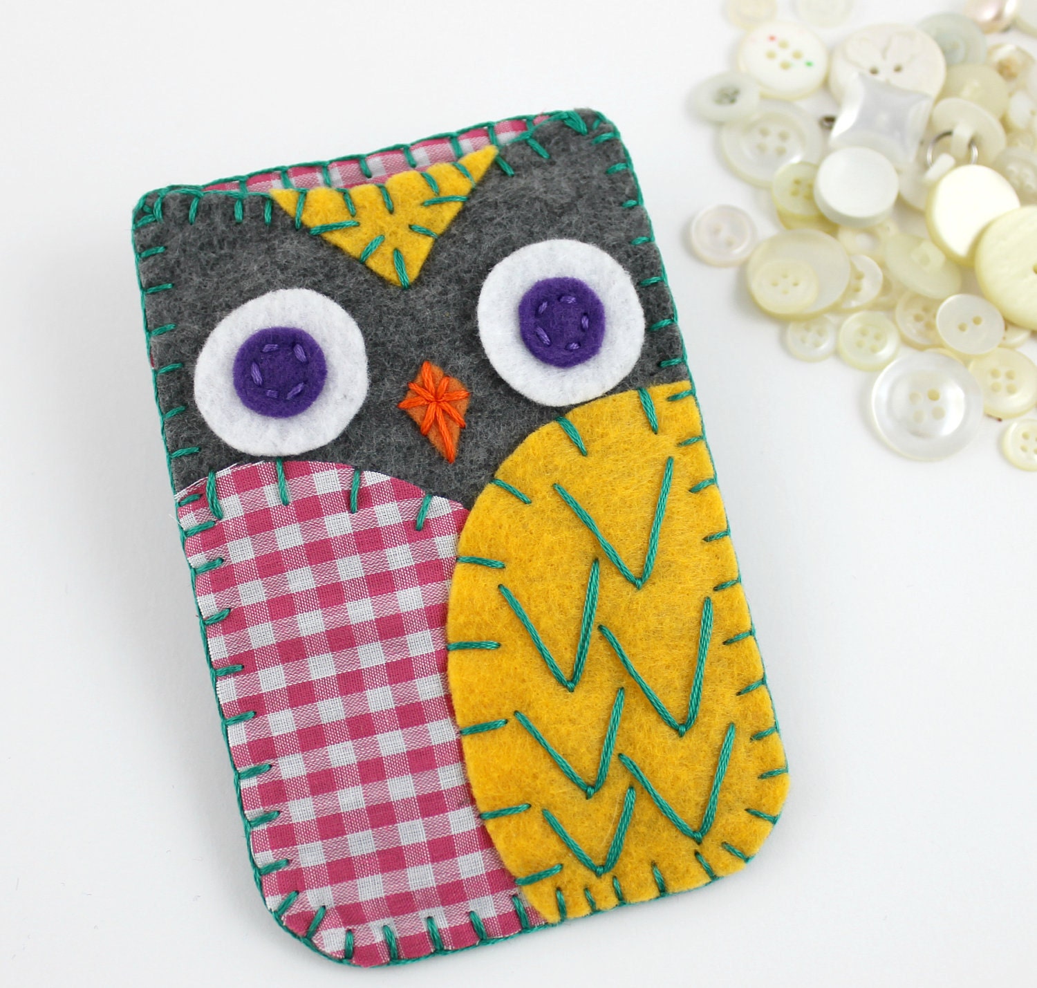 Felt Owl Cell Phone Case Gray Yellow Pink Gingham Iphone Blackberry Smartphone MADE TO ORDER