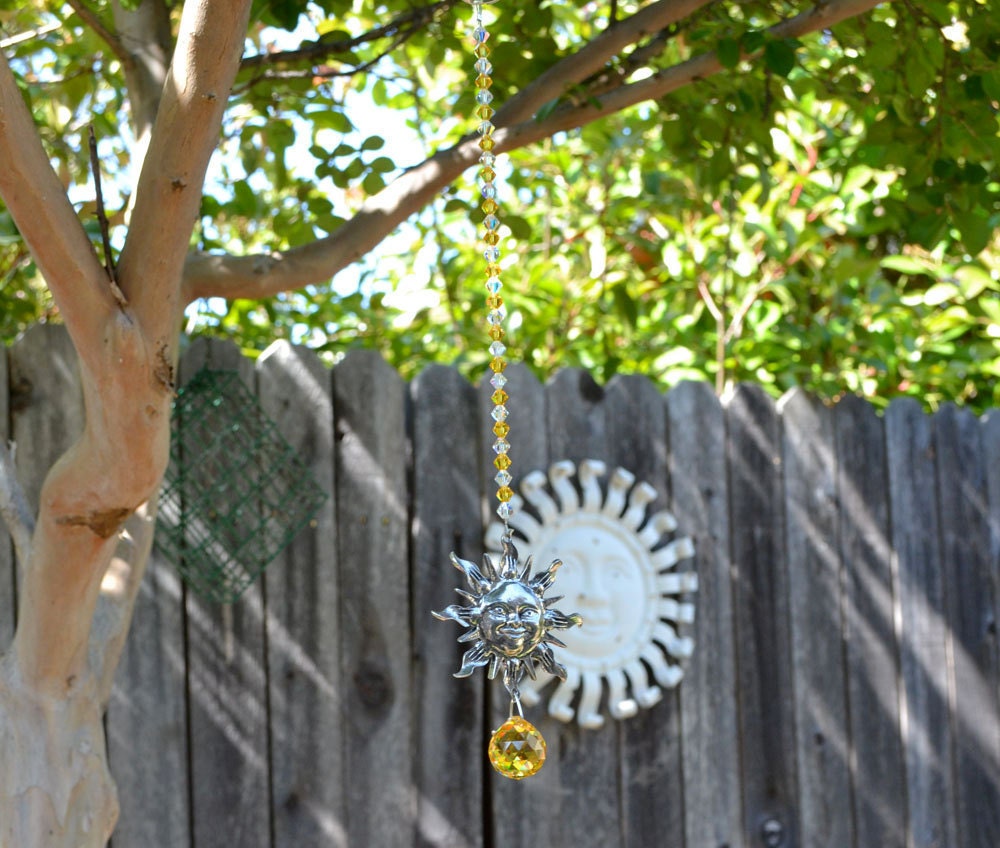 12" Long Authentic Swarovski Crystal Golden Sunny Sun 168 Facets 20mm Crystal Ball Pewter Suncatcher, Colorful Magical Dancing Rainbows