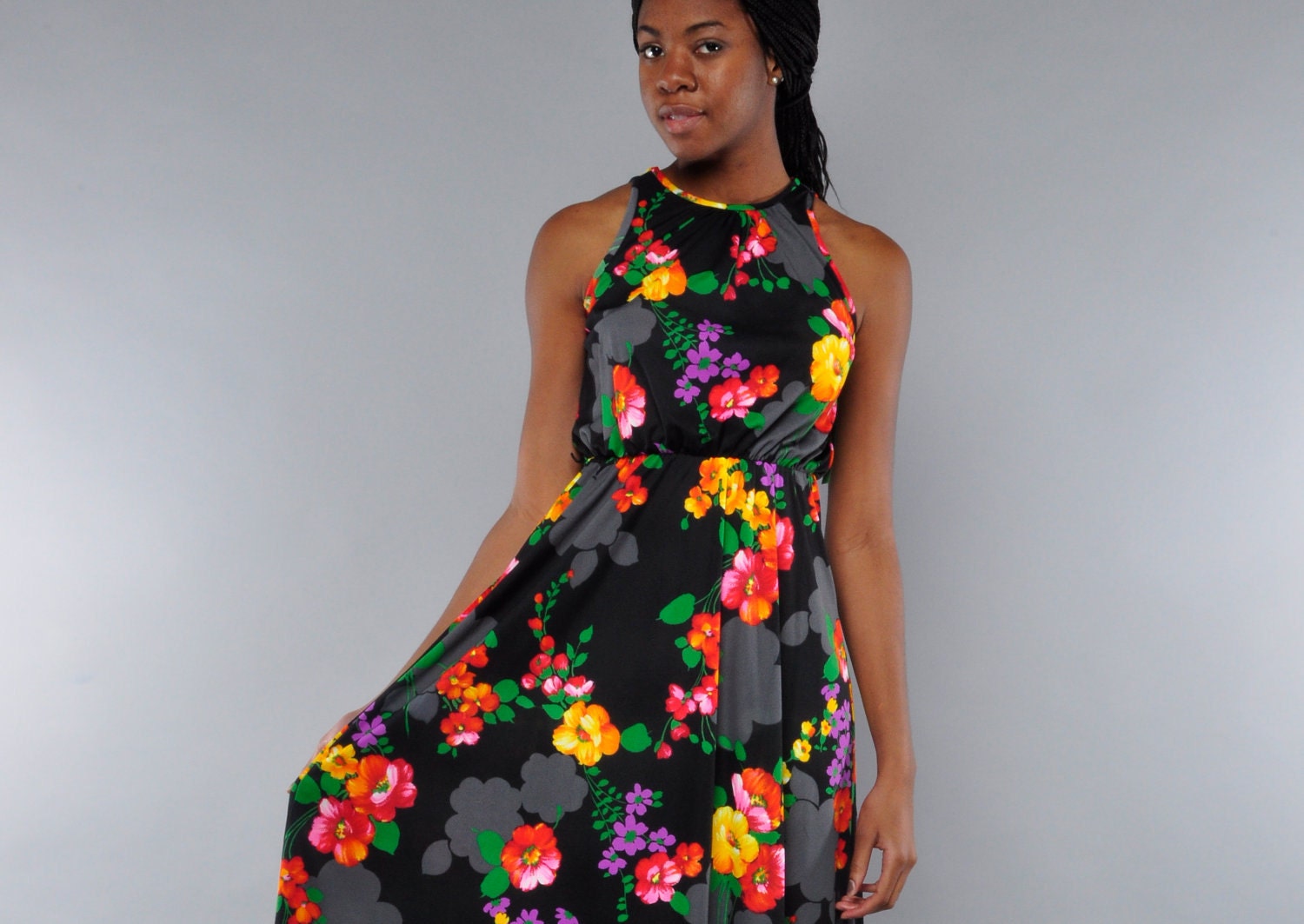 Vintage Halter Maxi Dress // 70's // Tropical Floral Print // S M