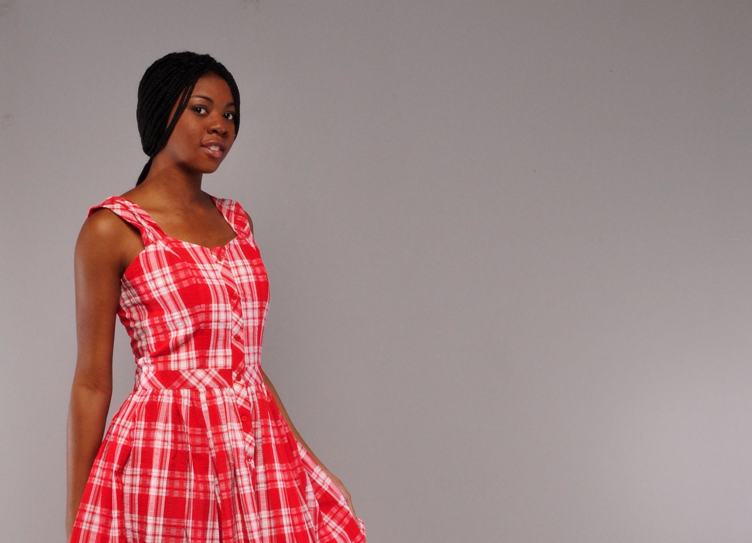 Vintage Red & White Plaid Dress // Full Skirt // Sweetheart Neckline // Handmade Sundress // M