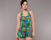 Vintage 80's Rayon Romper // Halter Top with Corset - Tie back // Short Shorts // XS S