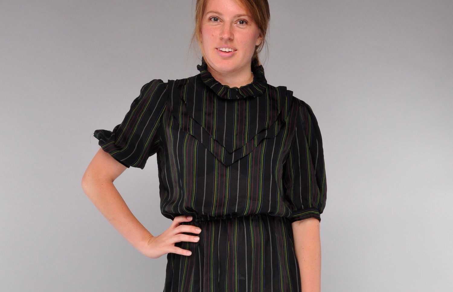 Sheer Black Stripe Dress // Layered Ruffle Collar // Rainbow Pinstripe / M