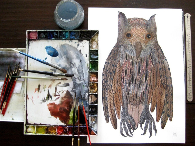 Great Horned Owl bird art large original watercolor painting