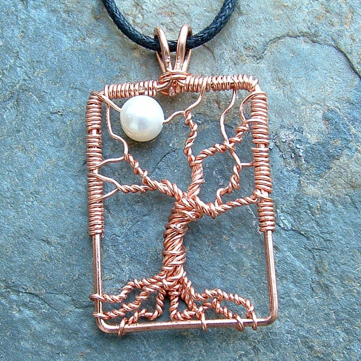 Tree Pendant with Moon Copper Wire Wrap Tree White Pearl Moon - organic, woodland - ArtistiKat