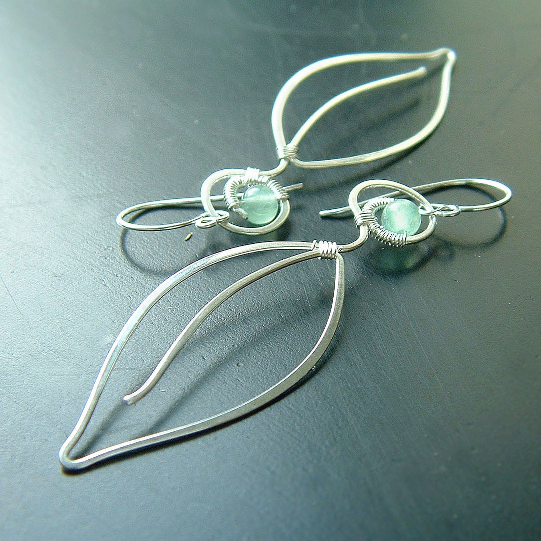 Long Silver Earrings Leaf Dangle Earring Sterling Silver Wire Wrap, spring fashion eco friendly jewelry