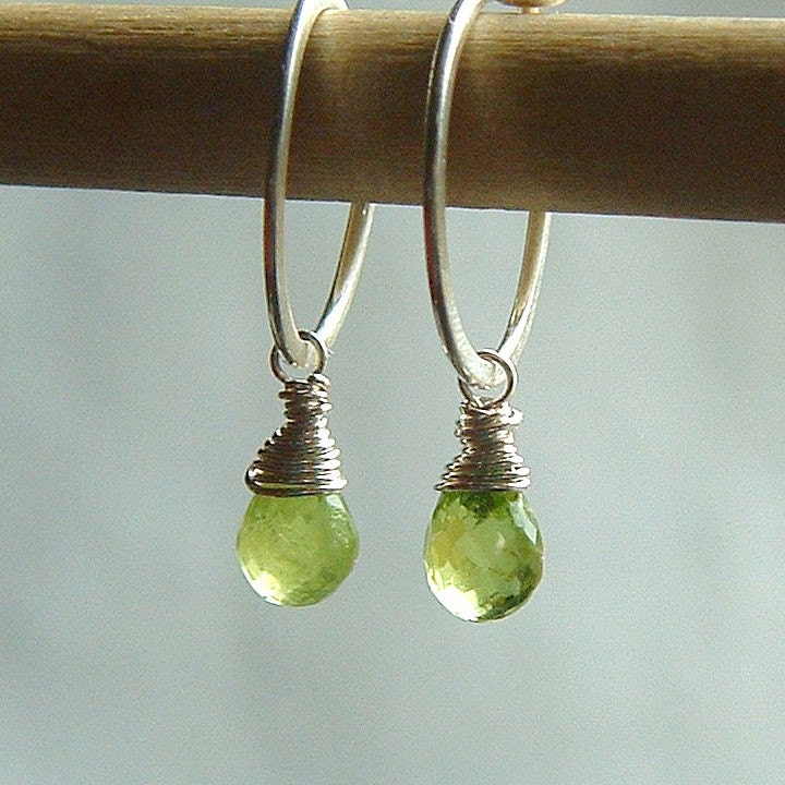 Silver Hoop Earrings Peridot Earrings Sterling Silver Hoops, Key Lime spring fashion birthstone jewelry