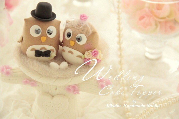LOVE ANGELS Wedding Cake Topper-love owls with nest ,and tree