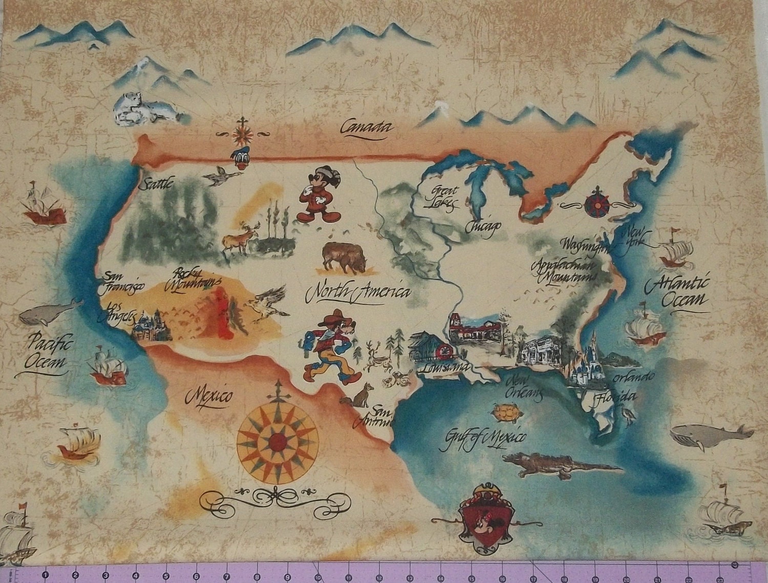 Disney World Frontier USA Map Fabric by the Panel Very Rare