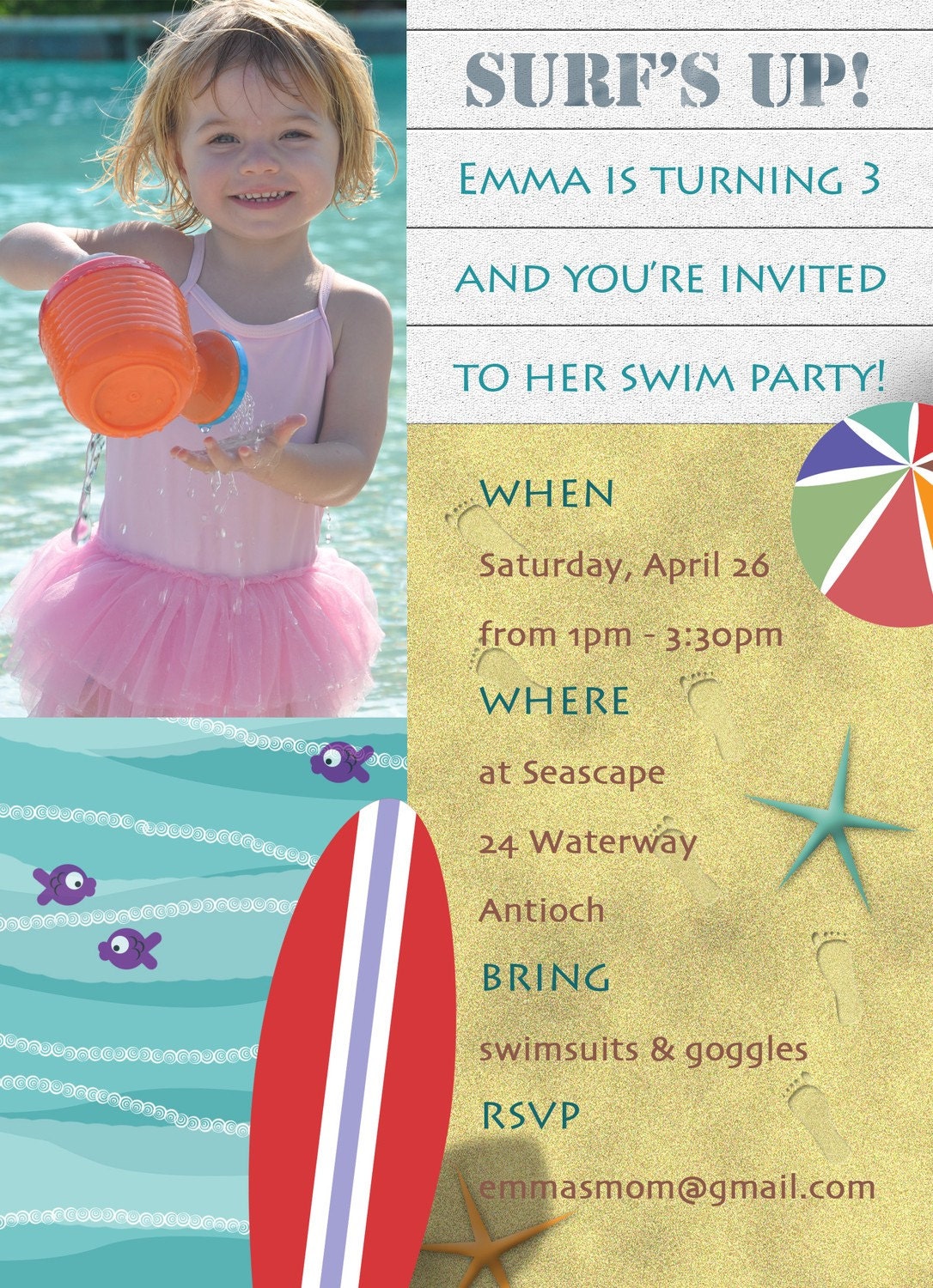 Modery Swim Surf Party Invite, Pool Party or Beach Birthday Party Custom Photo Card Invite