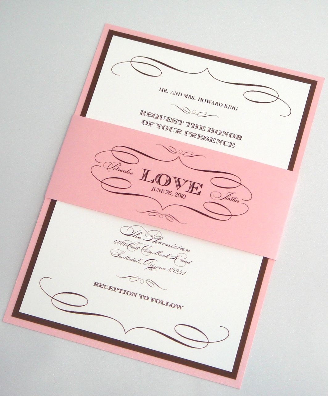 Brooke Vintage Wedding Invitation with Belly Band Sample - Brown, Light Blush Pink and White