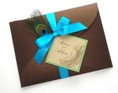Victoria Peacock Wedding Invitation Sample - Peacock Feather, Gold, Brown, Turquoise, Green