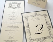 Ava Vintage Wedding Reception Items, Menu, Place Card, Table Number, Program Sample Set - Ivory, Creme, Pewter Grey