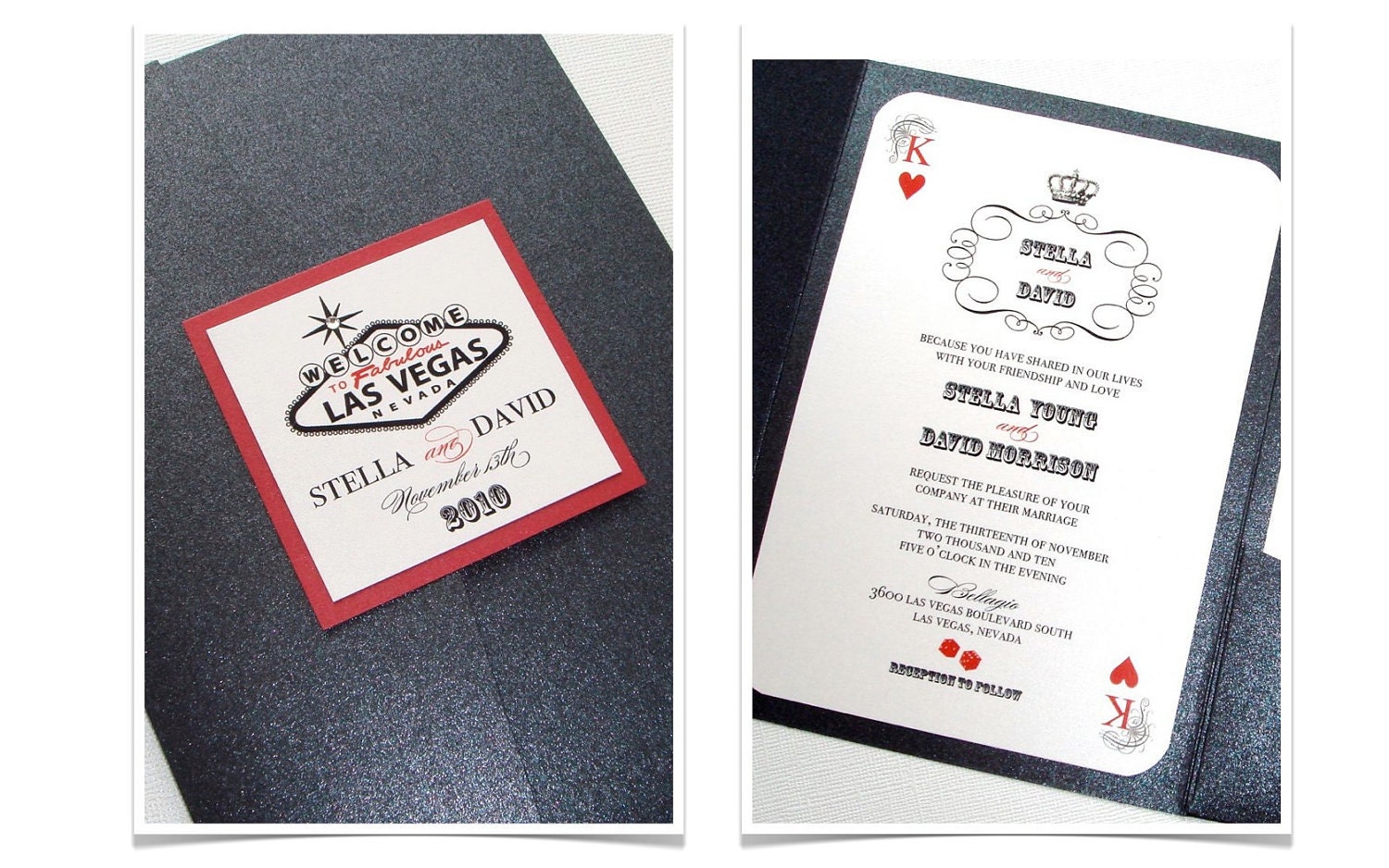 Stella Las Vegas Destination Wedding Invitation Sample - Pocket fold - Black Metallic, White and Red