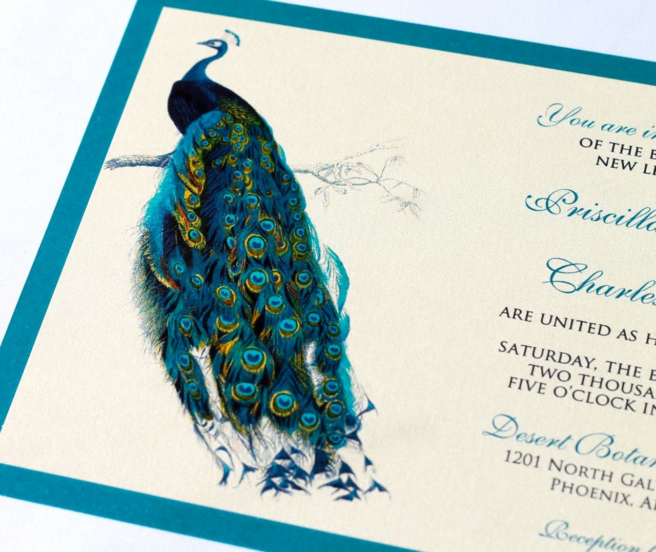 Priscilla Peacock Wedding Invitation Sample - Ivory, Ecru, Teal, Green, etc.