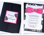 Courtney Damask Pocketfold Crystal Buckle Invitation Set Sample - Black and White, Hot Pink