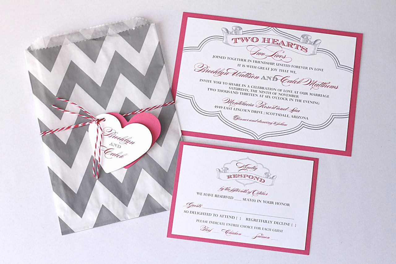 Brooklyn Wedding Invitation Sample - Chevron Design - Pink, Grey and White