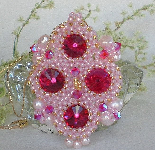 Crystal Beadwoven Rivoli Pink Necklace Unique Jewelry Royal Cameo Breast Cancer Awareness Month