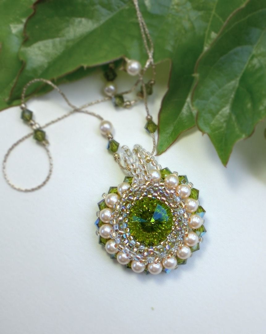 Rivoli Beadwoven Beaded beadweaving Beadwork Necklace Pendant Golden Green  Unique Jewelry Spring Grass